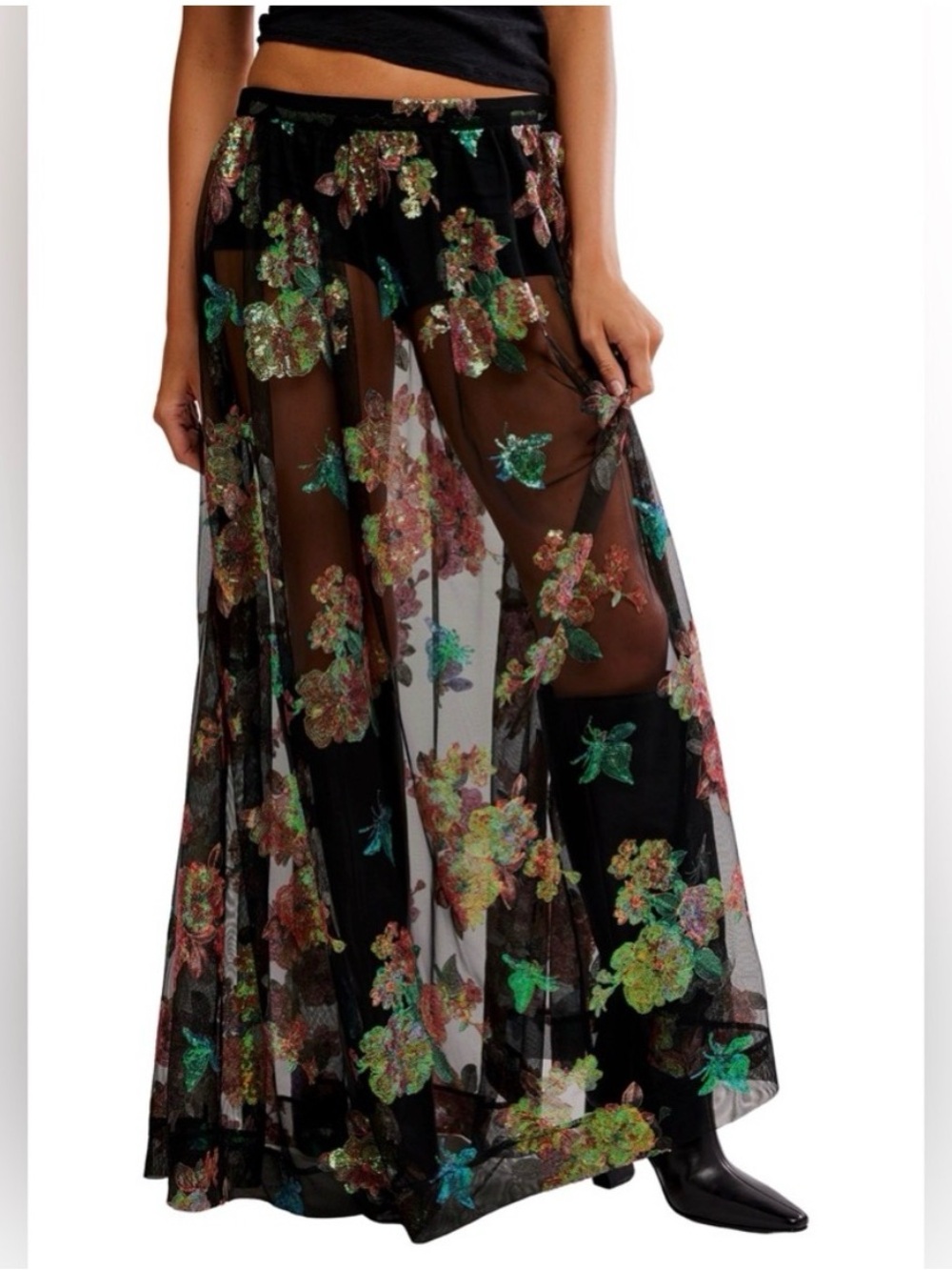 Free People Sheer Black Maxi Skirt with Multicolor Floral Embroidery